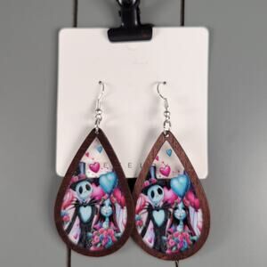 Gothic Teardrop Wood Earrings Jack & Sally Style 3.25" Dangle Pierced Halloween